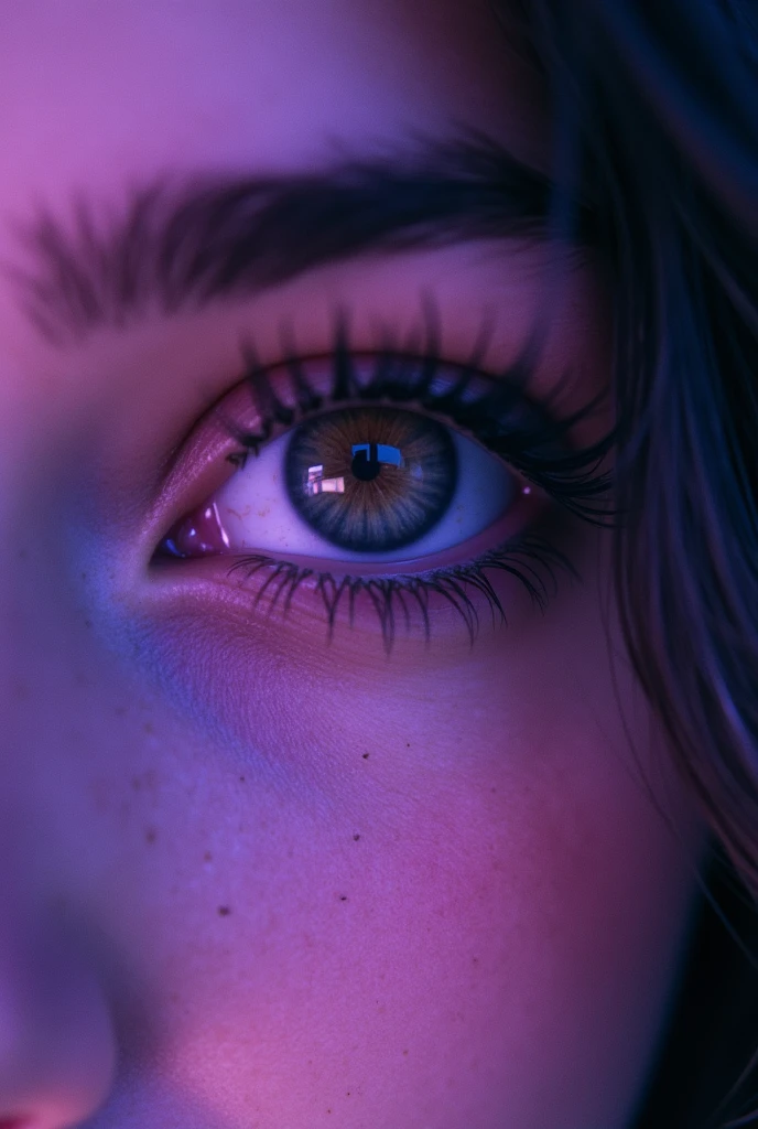 Asthetic photo of a girl's hypnotized eye seen through an old screen with purple lighting