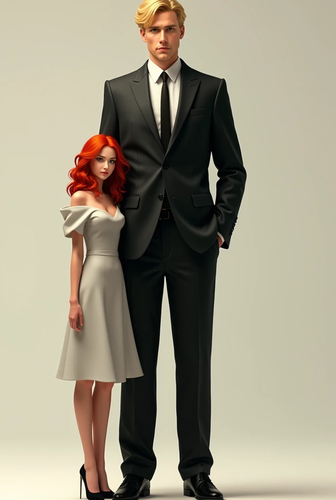 Tall blond man wearing an elegant suit, next to him a tiny red-haired woman.
