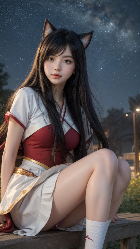 (Masterpiece, best quality: 1.3)
Ahri, 1girl, solo, long hair, whole body, hanbok, skirt, white knee socks, shoes, starry sky, night