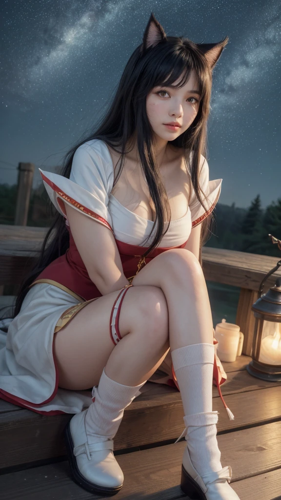 (Masterpiece, best quality: 1.3)
Ahri, 1girl, solo, long hair, whole body, hanbok, skirt, white knee socks, shoes, starry sky, night