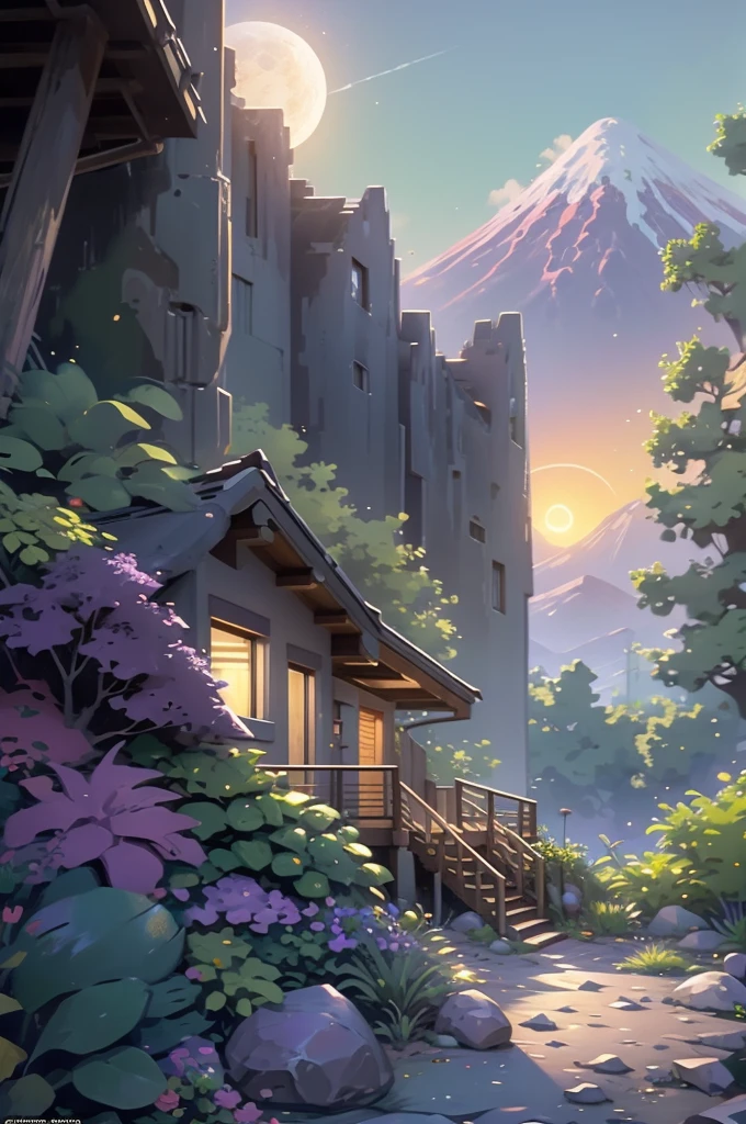 small and beautiful modern house in top of big boulders, terraces, pool, stairs, multiple cacti gardens, palms, trees, rocks, beautiful landscape design, mountains and volcano y background, amazing clouds, sun, moon, planets, milky way galaxy, concrete, wood, glass and steel materials, olive green, violet, orange and withe colors in facade