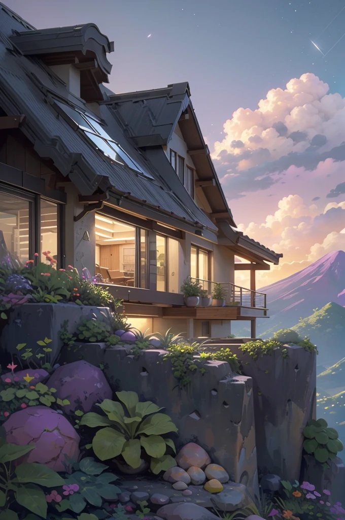 small and beautiful modern house in top of big boulders, terraces, pool, stairs, multiple cacti gardens, palms, trees, rocks, beautiful landscape design, mountains and volcano y background, amazing clouds, sun, moon, planets, milky way galaxy, concrete, wood, glass and steel materials, olive green, violet, orange and withe colors in facade