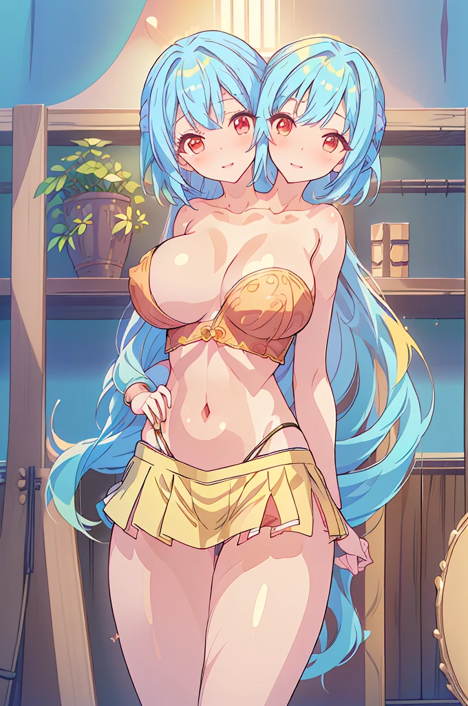 (masterpiece, best quality),best quality, best resolution, (ultra-detailed), ((3heads:1.5)), 1girl, (keiki haniyasushin:1.3), masterpiece, best quality, ultra quality, ultra resolution, yellow top, crop top, ((stomach)), midriff, ((groin)), yellow skirt, miniskirt, normal ears, shackles, sky (light blue hair:1.5), (same hair color), (blunette:1.5), very long hair, wavy hair, beautiful eyes, red eyes, parted lips, smiling, soft smile, cute smile, cute, toned belly, hand on own chest, eyelashes, (2 woman:1.3), (masterpiece:1.5), (best quality:1.5), (beautiful detailed), extremely detailed CG, extremely delicate and beautiful, depth of field, (finely detailed face), (perfect details:1.2), (mature female:1.3), wide pelvis, slender, large veiny breast, 16k resolution, highres, high quality, high definition, extremely detailed, masterpiece, sky blue hair, long hair, alluring presence, twin braid, short skirt, close up, very big breasts, huge breasts, young, green handkerchief, (wearing a haniwa:1.4), kofun period clothing, three headed girl, 3heads,