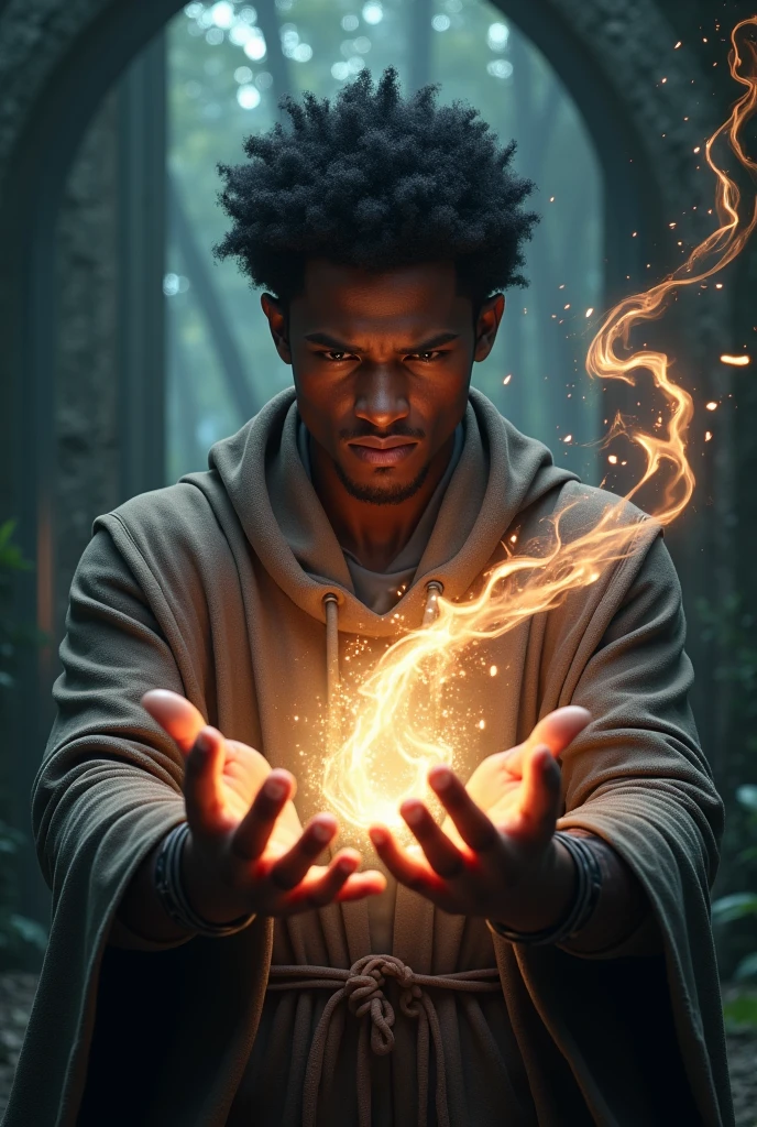 (photorealism:1.2), A A young 1 man angry with black skin who makes magic with his hands