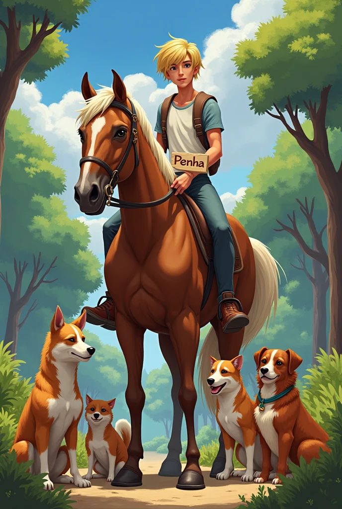 Create an image of a young teenager with blonde hair and bangs, bowl-style hair and tall stature. With several dogs and birds around him and him on top of a brown horse. Don't make the image childish. He also holds a sign saying ''PENHA''