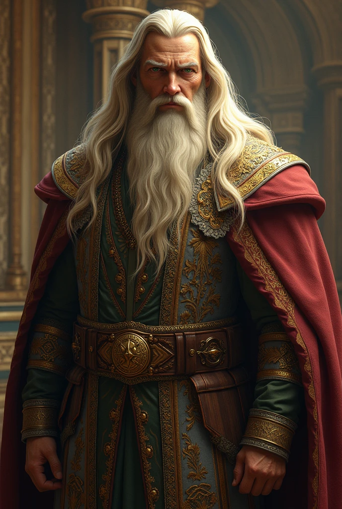 Blond man with long beard, longwavy hair, greeneyes, haughty look, lord's robes