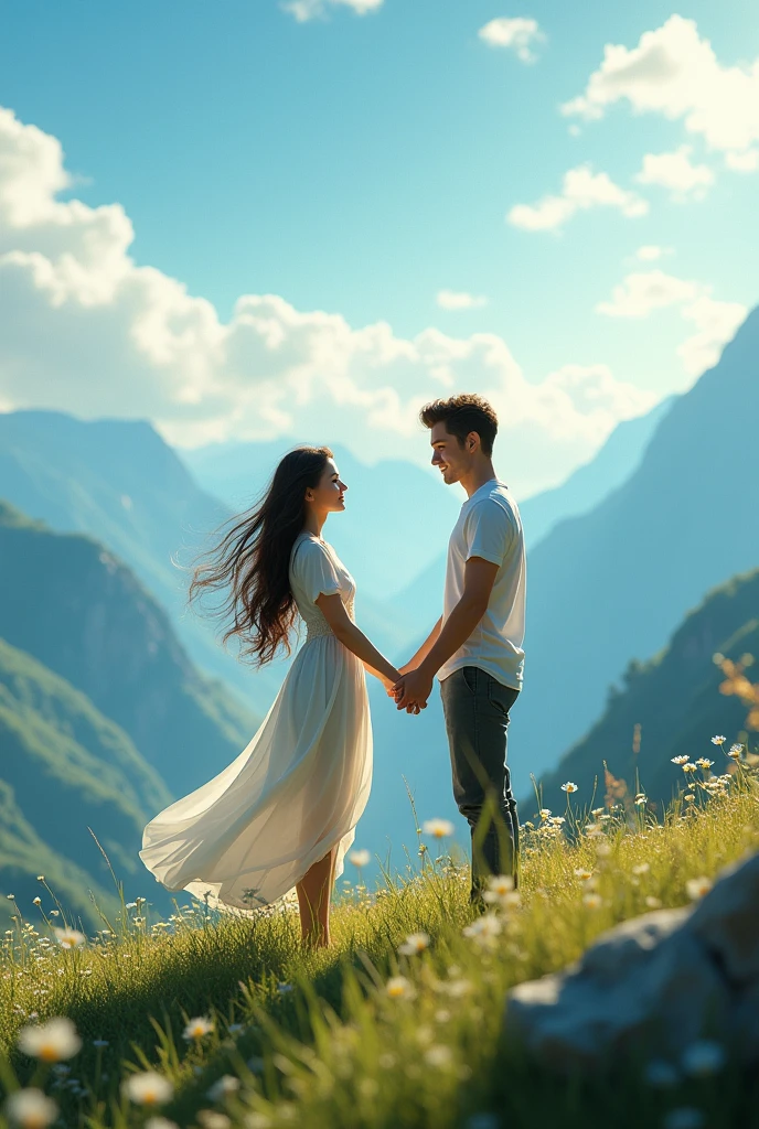 A beautiful girl stand at mountain and holding a boy hand