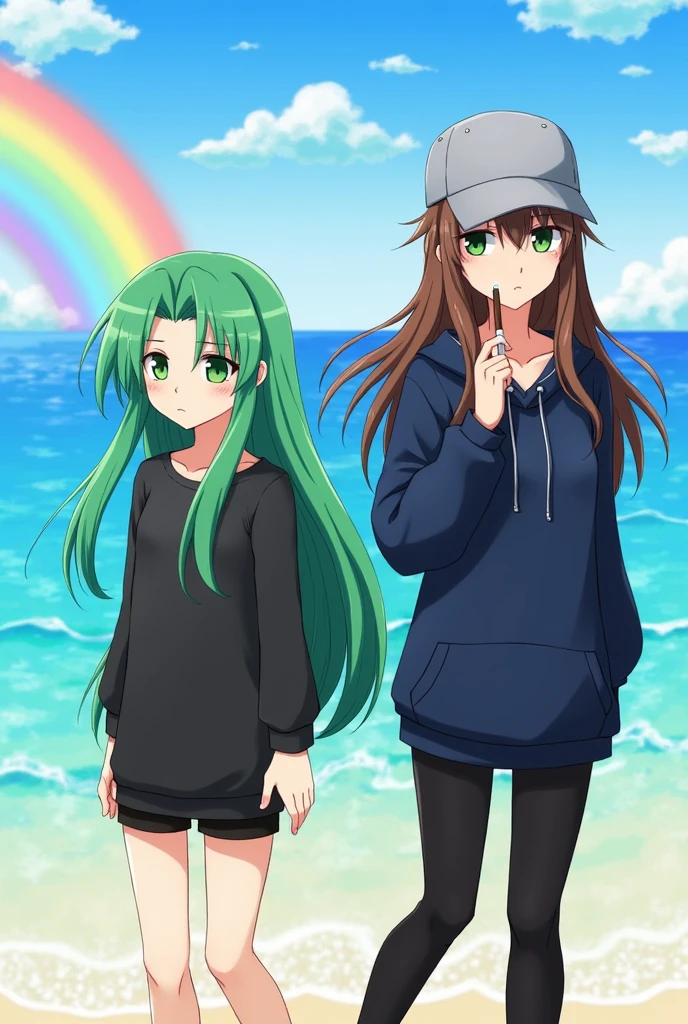 Rainbow dolphins, in a beach, bright rainbow in the background, Bright sea, anime girl, Long green hair, green eyes, Pale skin, long black shirt, black shorts, serious face, high quality, segunda anime girl, sad face, smoking a cigar long brown hair, gray cap, dark blue sweatshirt, Black pants, green eyes,