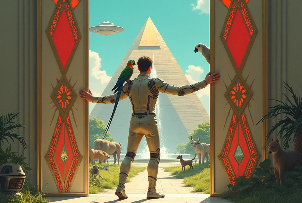 Un homme avec des vêtements futuristes pousse des deux mains des portes futuristes avec des figures géométriques de couleurs différentes sur la porte et devant lui une pyramide avec de l'herbe et des animaux ,le tout ressemblent à la peinture que j'ai publié et un robot et à côté devant une des portes et le personnage caucasien avec un Péroqué sur l'épaule et un aspect baroque est légèrement ajouté une soucoupe volante est ajouté et un extra terrestre petit gris,le personnage se tient droits les jambes légèrement écartées en poussant les portes il y a des mécanismes et horlogerie sur les portes et une voiture ancienne améliorée venus du futur