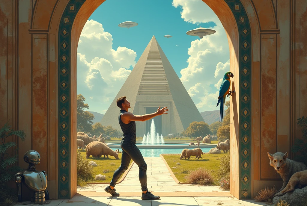 Un homme avec des vêtements futuristes pousse des deux mains des portes futuristes avec des figures géométriques de couleurs différentes sur la porte et devant lui une pyramide avec de l'herbe et des animaux ,le tout ressemblent à la peinture que j'ai publié et un robot et à côté devant une des portes et le personnage caucasien avec un Péroqué sur l'épaule et un aspect baroque est légèrement ajouté une soucoupe volante est ajouté et un extra terrestre petit gris,le personnage se tient droits les jambes légèrement écartées en poussant les portes,des vêtements plus modernes et une fontaine d'eau et les motifs géométriques évoluent sur les portes comme le raffinement, les animaux et robot