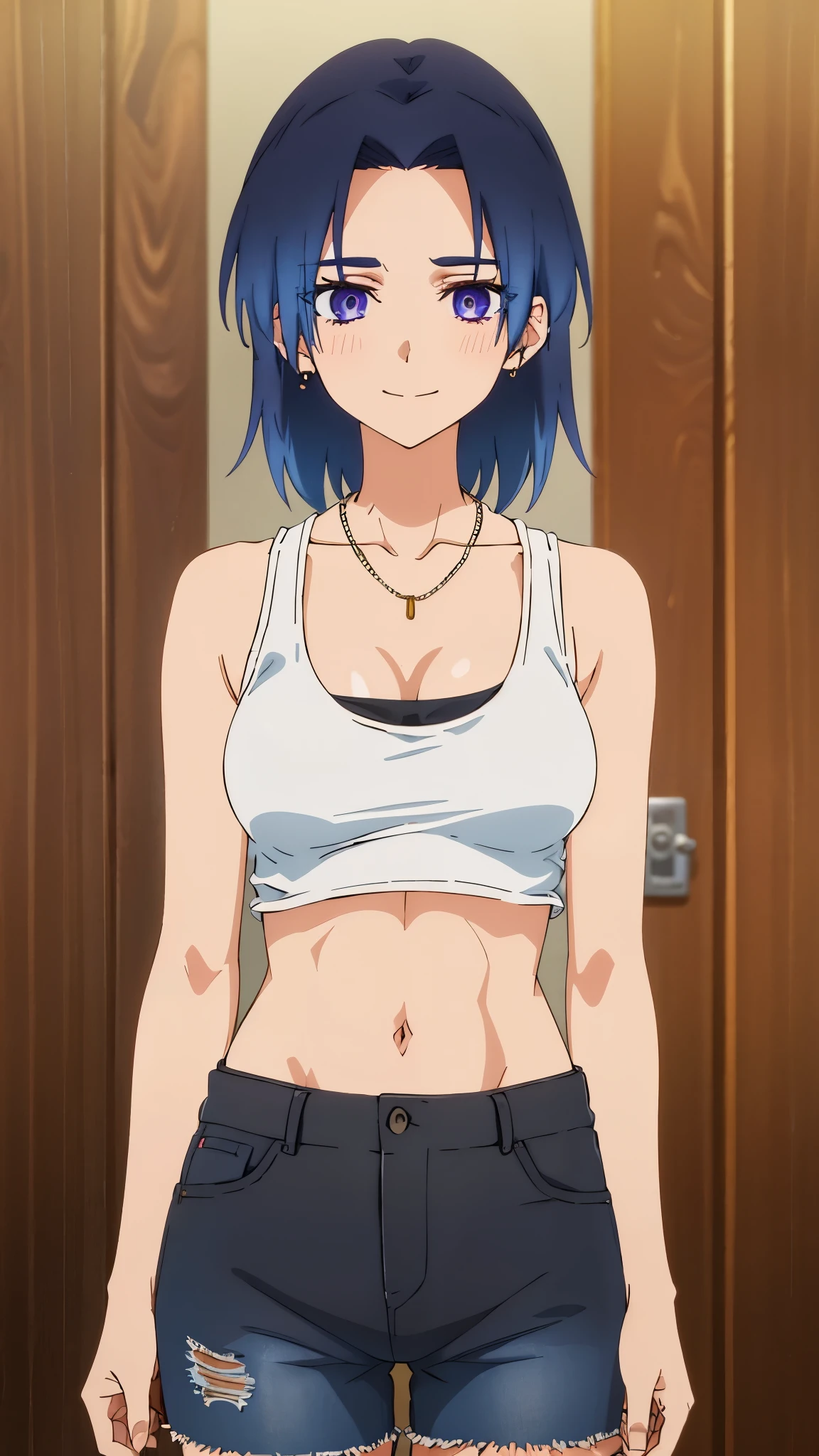 tall girl, 1girl, anime artstyle, masterpiece, highres, solo, 8k, detailed, perfect face, best quality, (ultra high quality), looking viewers, (armpit), collarbone, bare arm, (small breasts), sideboobs, cleavage, dark blue hair, gradation hair color middle parted hair, short hair, violet eyes, sharp eyes, belly, stomach, navel, abs, earrings, necklace, crop tanktop, (black tanktop), mini short, denim short, thighs, slim body, slim waist, (upper body), smile, blush