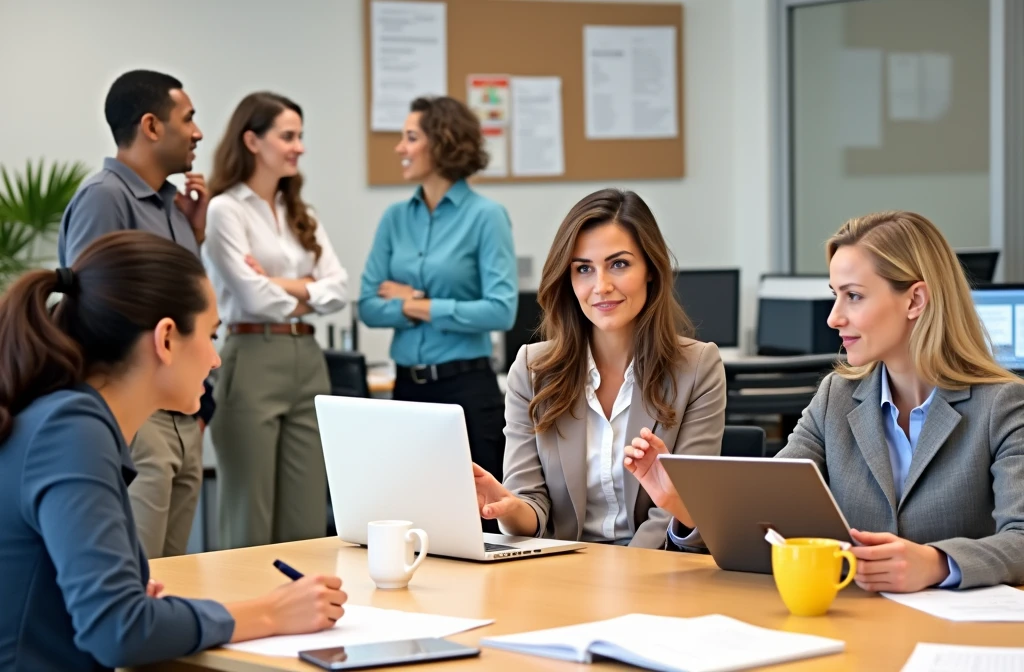 Three American female white-collar workers working in the office