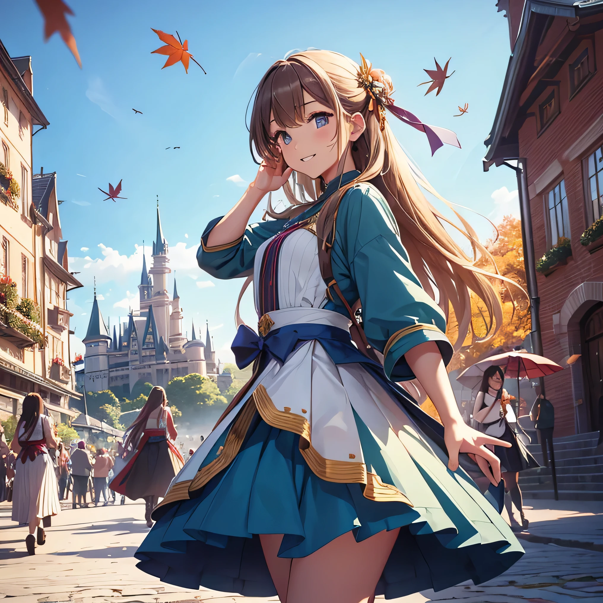 Girl dancing in front of the castle、opening、Viridian long skirt、Long Hair、Departure、Festivals、fanfare、brick、autumn