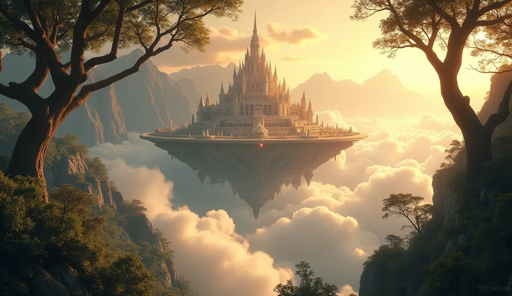 An image of a magical fantasy world, such as a dense forest with trees reaching for the sky or towering mountains surrounding the kingdom. Large, enormous, immeasurable heavenly kingdom, above the clouds, majestic, glorious, high definition, many details, full of detail, brightness, depth of field, reflected light, bright light, impressionism, cinematic, cinematography, high resolution, masterpiece, detail, ultra HD