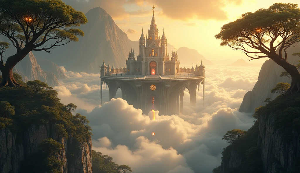 An image of a magical fantasy world, such as a dense forest with trees reaching for the sky or towering mountains surrounding the kingdom. Large, enormous, immeasurable heavenly kingdom, above the clouds, majestic, glorious, high definition, many details, full of detail, brightness, depth of field, reflected light, bright light, impressionism, cinematic, cinematography, high resolution, masterpiece, detail, ultra HD