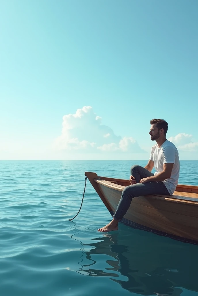 Make an image of Cody Christian sitting on the edge of a boat with the sea in the background and the blue sky.