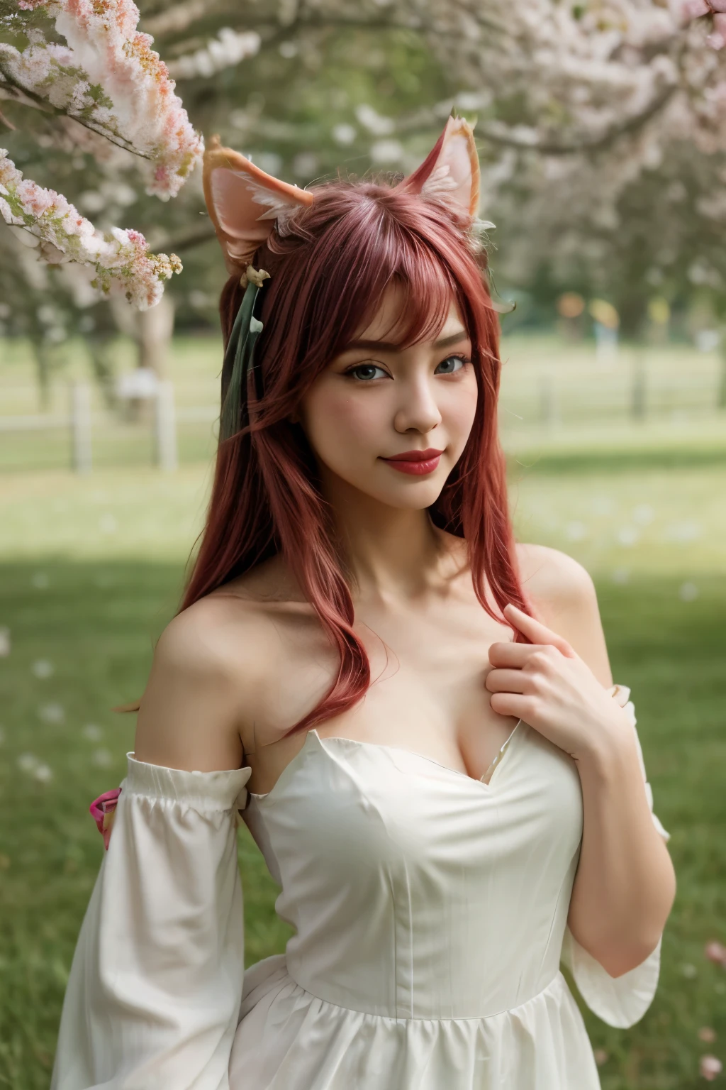 Ahri league of legends, ahri spiritual blossom, happy look, ta, perfectbody, face detailed, high resolution, super detaill, 8k, Overview, with Japanese cherry trees