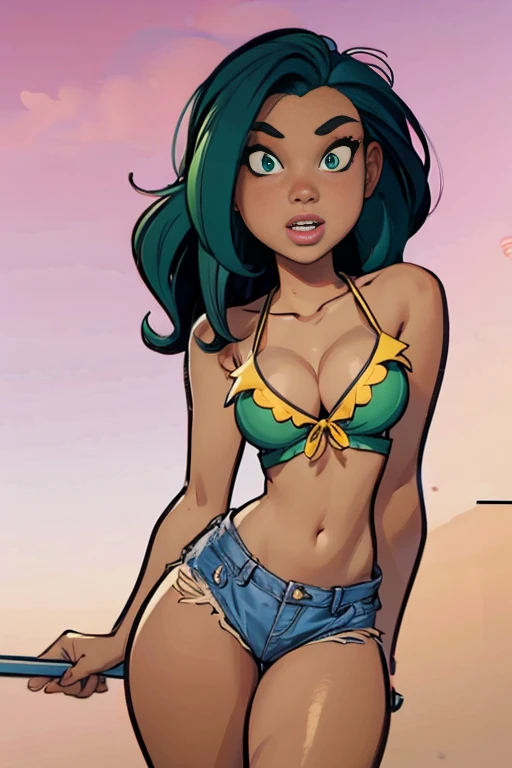 cartoon of a woman in a green bikini top and denim shorts, in style of digital illustration, high quality colored sketch, young black woman, trending on artstration, in the art style of bowater, black young woman, cartoon art style, comic digital art, cartoon artstyle, high quality illustration, in cartoon style, cartoon style illustration, digitally colored, colored illustration, 8k