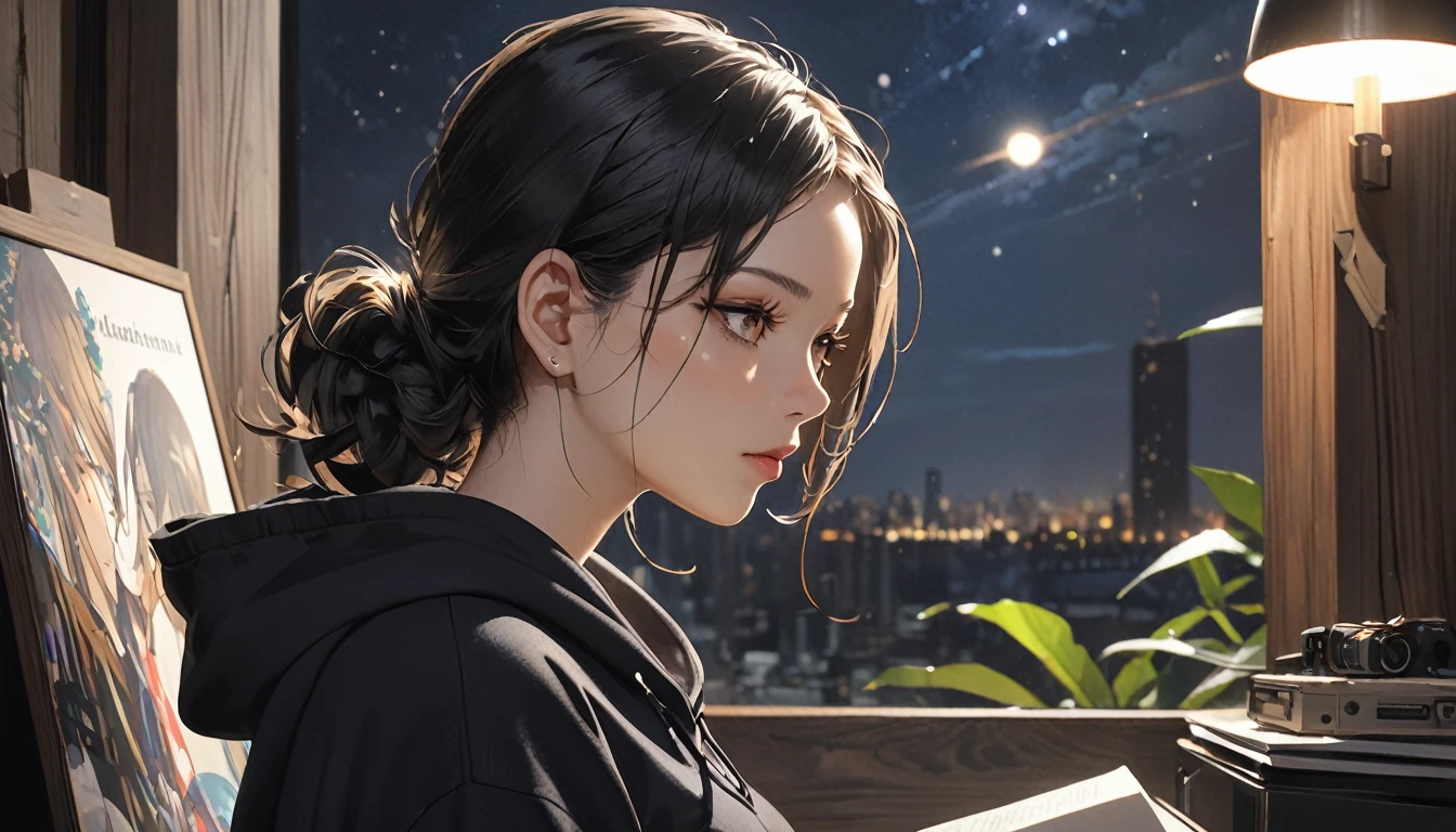 (masterpiece, Super Detail, Attention to detail, Highest quality, 8k, Album artwork,Poster,Close-up,Shooting from the side, ,woman meditating,night,With the hood of a black sweatshirt pulled up,I'm wearing airpods