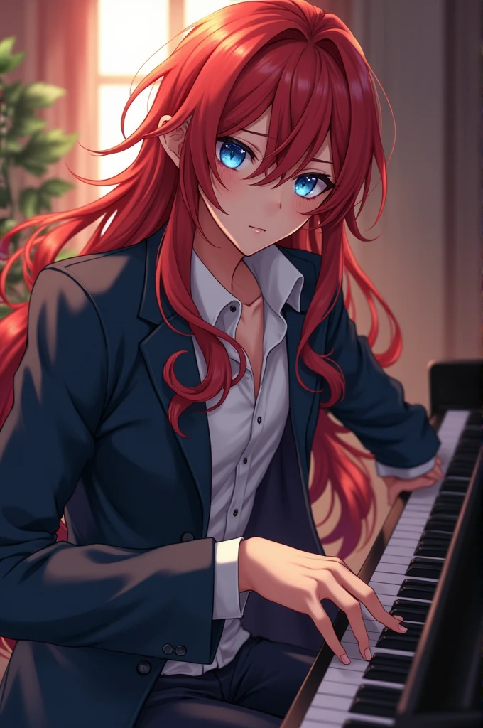 ((best quality)), ((masterpiece)), (detailed) Anime handsome adult with long red hair and blue eyes, playing the piano