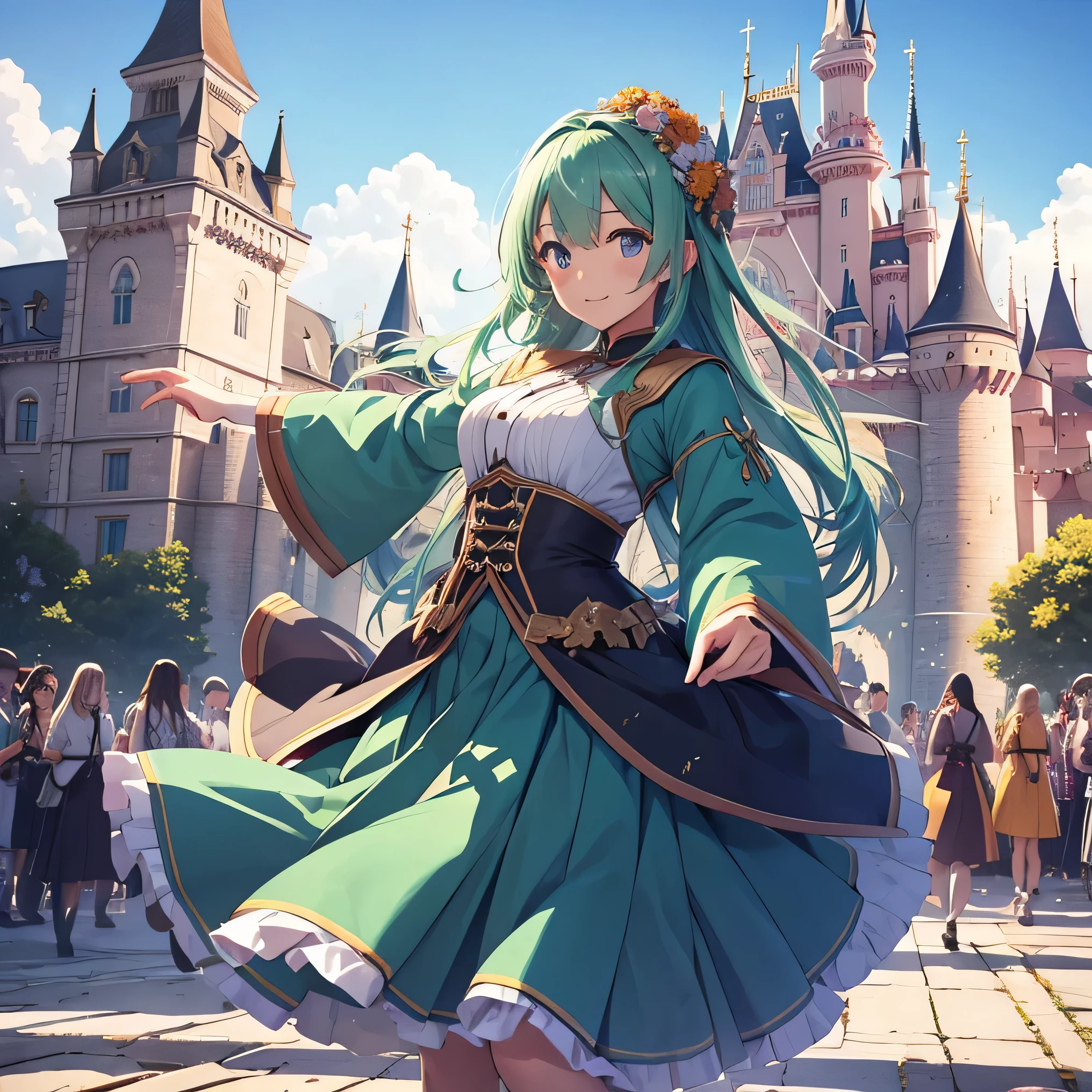 Girl dancing in front of the castle、opening、Viridian long skirt、Long Hair、Departure、Festivals、fanfare、brick、autumn