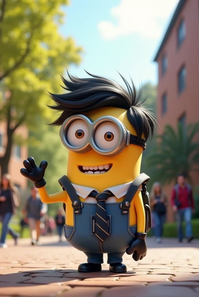a minion with black hair in college and that says united by social work