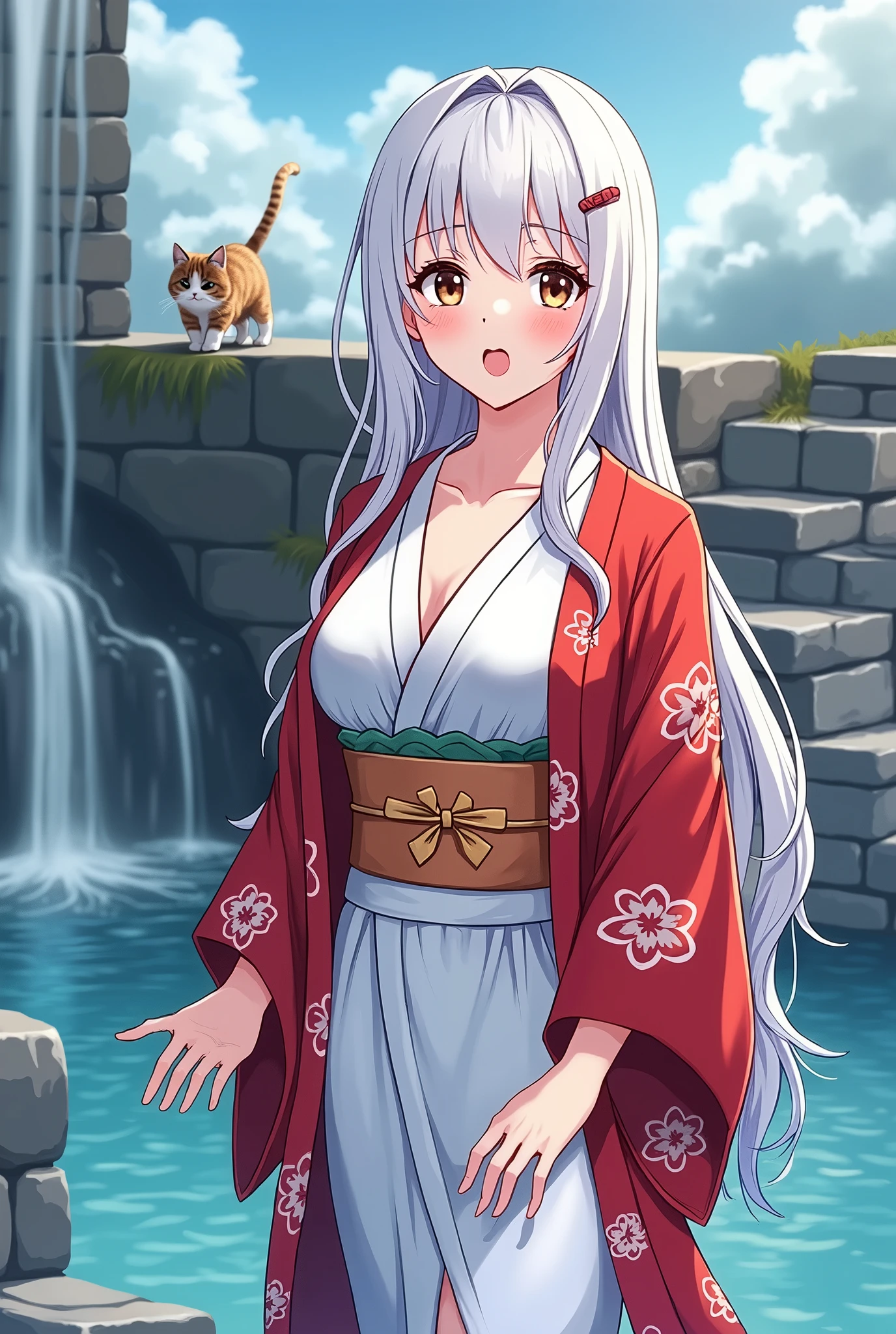1 girl(masterpiece,top quality,best quality,official art,Beauty and aesthetics:1.2),silky smooth white hair,brown eyes,long hair,big sister,tall figure,enchanted,enchanting,Flushed complexion, playful expression while Blushing, super gigantic breasts,Breasts larger than the head,Red and white kimono, clogs,Off the shoulders,detailed cleavage,Sitting on the stone steps by the water of a hot spring, steam over the water, thigh exposed, small tabby cat passing by behind her, soft hands, defined nails, white beautiful eye lashes.