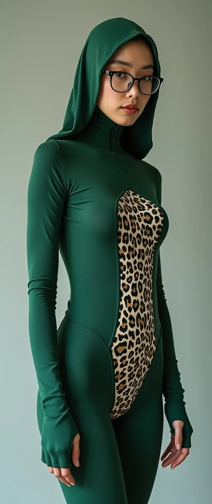 The beautiful and thinest chinese adult woman with glasses dark green and light green leopard print lycra elasticity turtleneck unitard catsuit.She always wear hijab-like zentai costume hood made of lycra elasticity.She performs contortion when she is my contortionist.