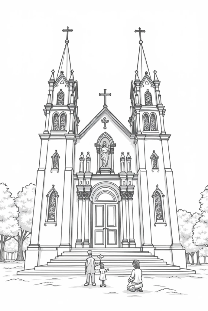 the facade of a Catholic church from the outside with a family composed (Baba, Mother, daughter and son) on your knees around the church, and the image of Jesus Christ fitted on the left side of the church, all in black and white drawing without shadows and without painting