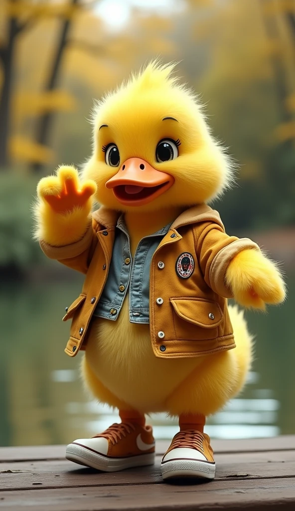 A Yellow Fluffy Duck with Raised Hand, Wearing a Jacket and Sneakers, Adorable, Highly Detailed, Photorealistic, 8K, Studio Lighting, Vibrant Colors, Dynamic Pose, Soft Feathers, Expressive Eyes, Detailed Texture, Realistic Materials, Whimsical, Charming, Playful, Touching, Exciting, Background of a Pond.