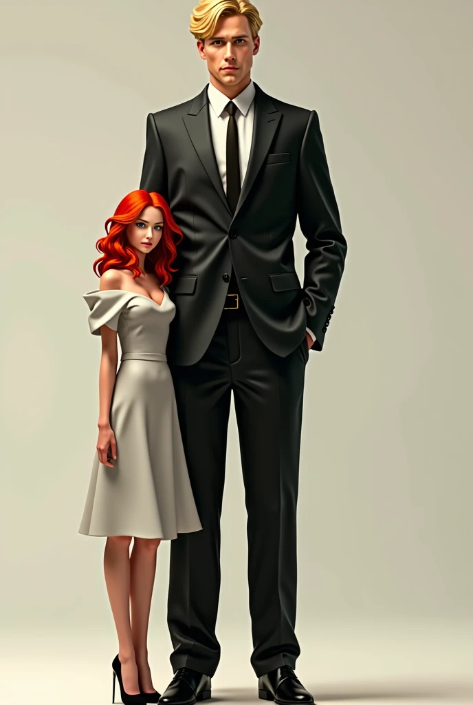 Tall blond man wearing an elegant suit, next to him a tiny red-haired woman. 