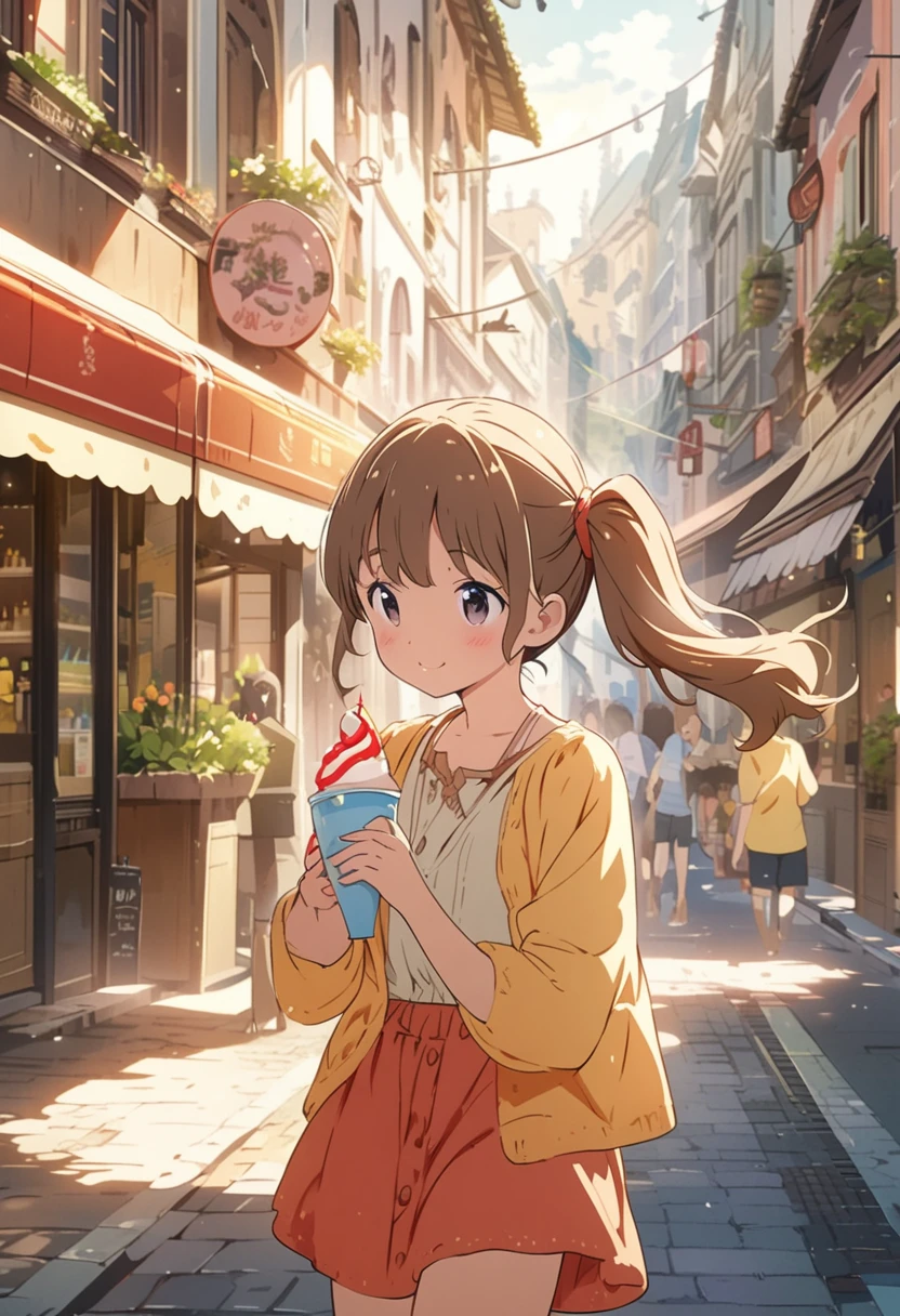 1girl,10yo,brown hair,black eyes, (red round eyewear), side ponytail,smile, blushful, BREAK anime style, super fine illustration, highly detailed, dynamic angle, beautiful detailed, 8k, On a summer afternoon under the blazing sun in a city street, BREAK a woman is enjoying a cold gelato. BREAK Her skin shimmers in the sunlight, making her stand out in the vibrant and joyful scene. BREAK ((best quality, high resolution)), (delicate illustration), (pastelcolor style illustration:0.4), (watercolor style illustration:0.4), ((beautiful:1.3)), (anime key visual),4k,Perfect Anatomy,
