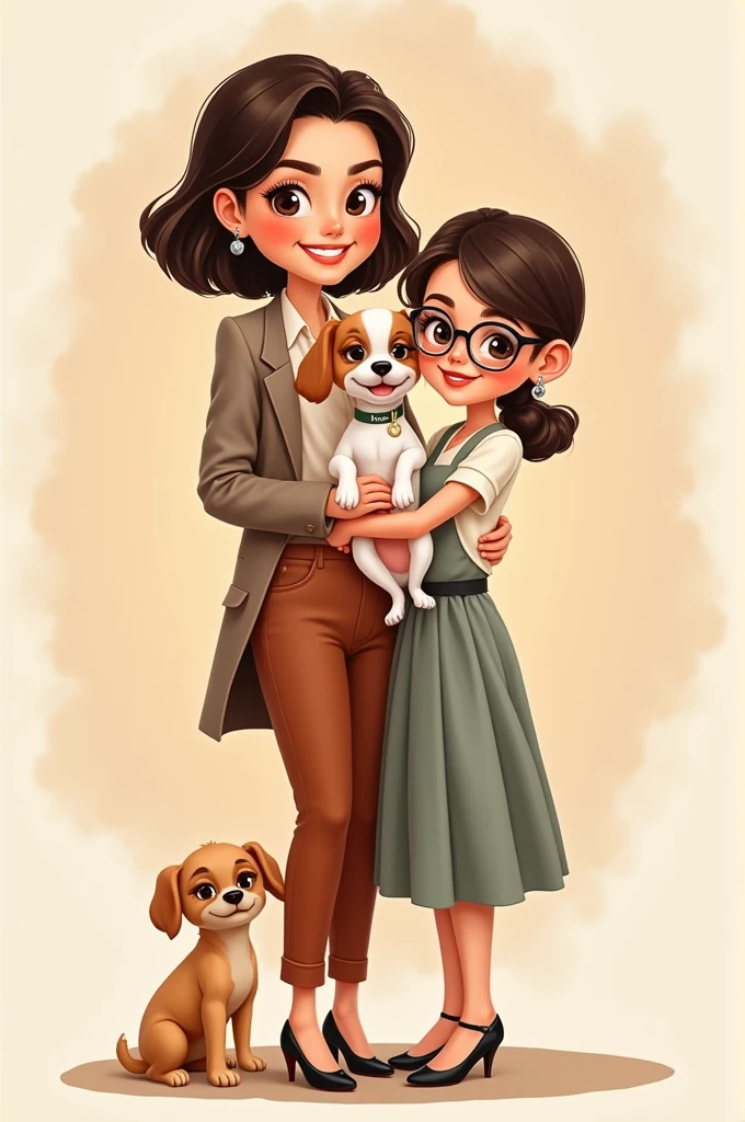 Cute cartoon pictures of A mother, daughter and a dog . The mother should have short hair with french  wearing a beautiful outer and pant and t-shirt  and the daughter should wear a elegant transparent spectacles. The daughter should wear the most beautiful dress, she should wear a black high heal  sandal and silver jelwelries. The mother should hold the dog with a a name tag written as buddy 
The mother should not wear glasses 