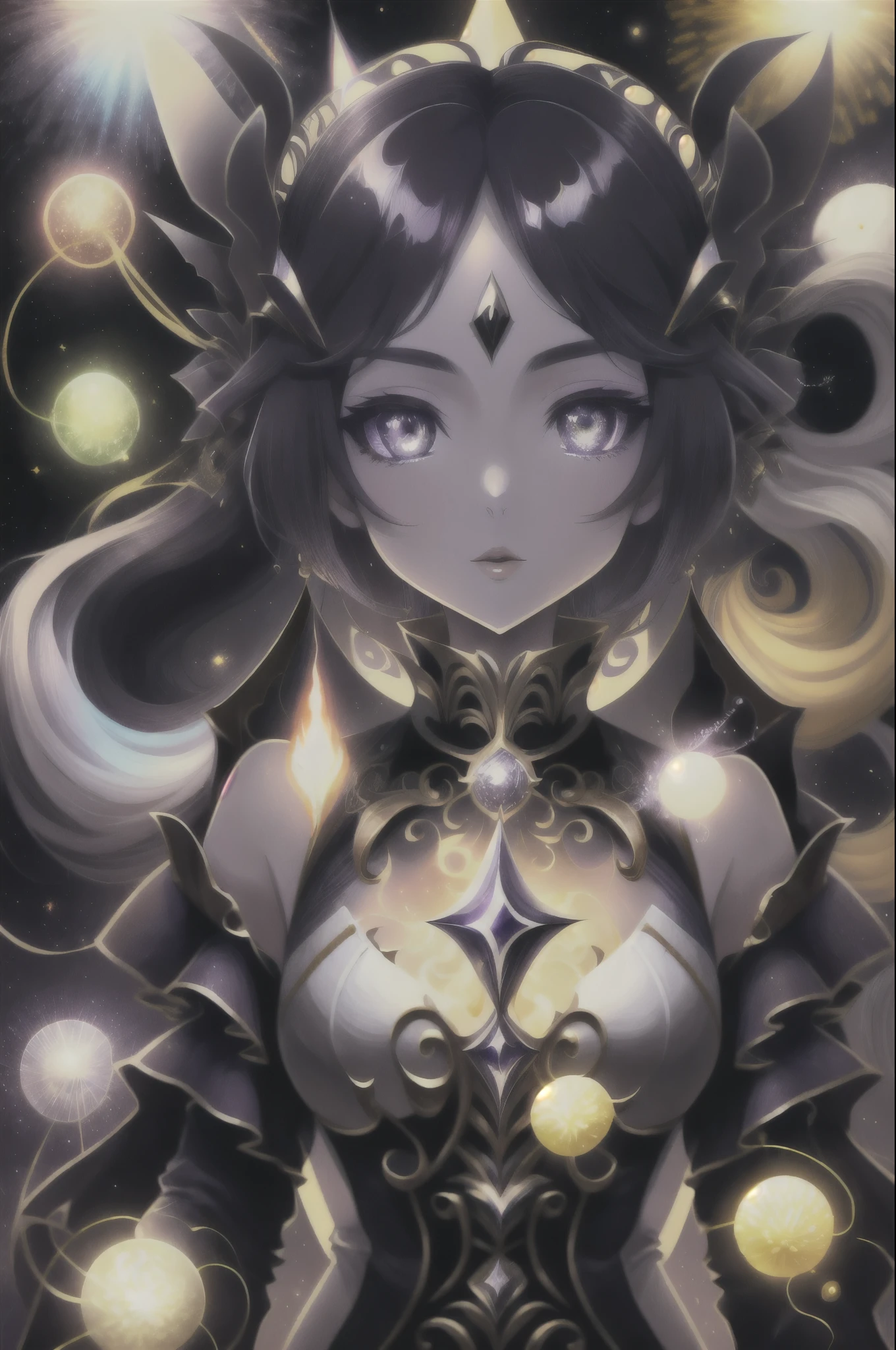 Extremamentesexy, appealing, daughter, phantom, refined , garota phantom, pele caucasiana, purples eyes, long white hair, Purple aura around you, several small and colorful fireworks around.