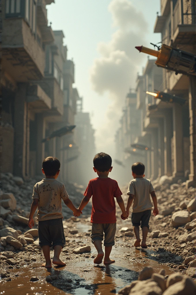 Flag Palestina,-yeld bon front of a scene of destruction that shows all the horror of war, houses, bridges and buildings in ruins, fire and smoke everywhere.