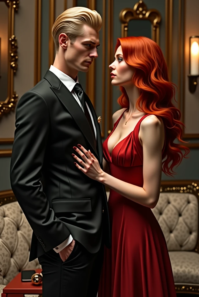 Tall blond man wearing an elegant suit, next to him a red-haired woman. 