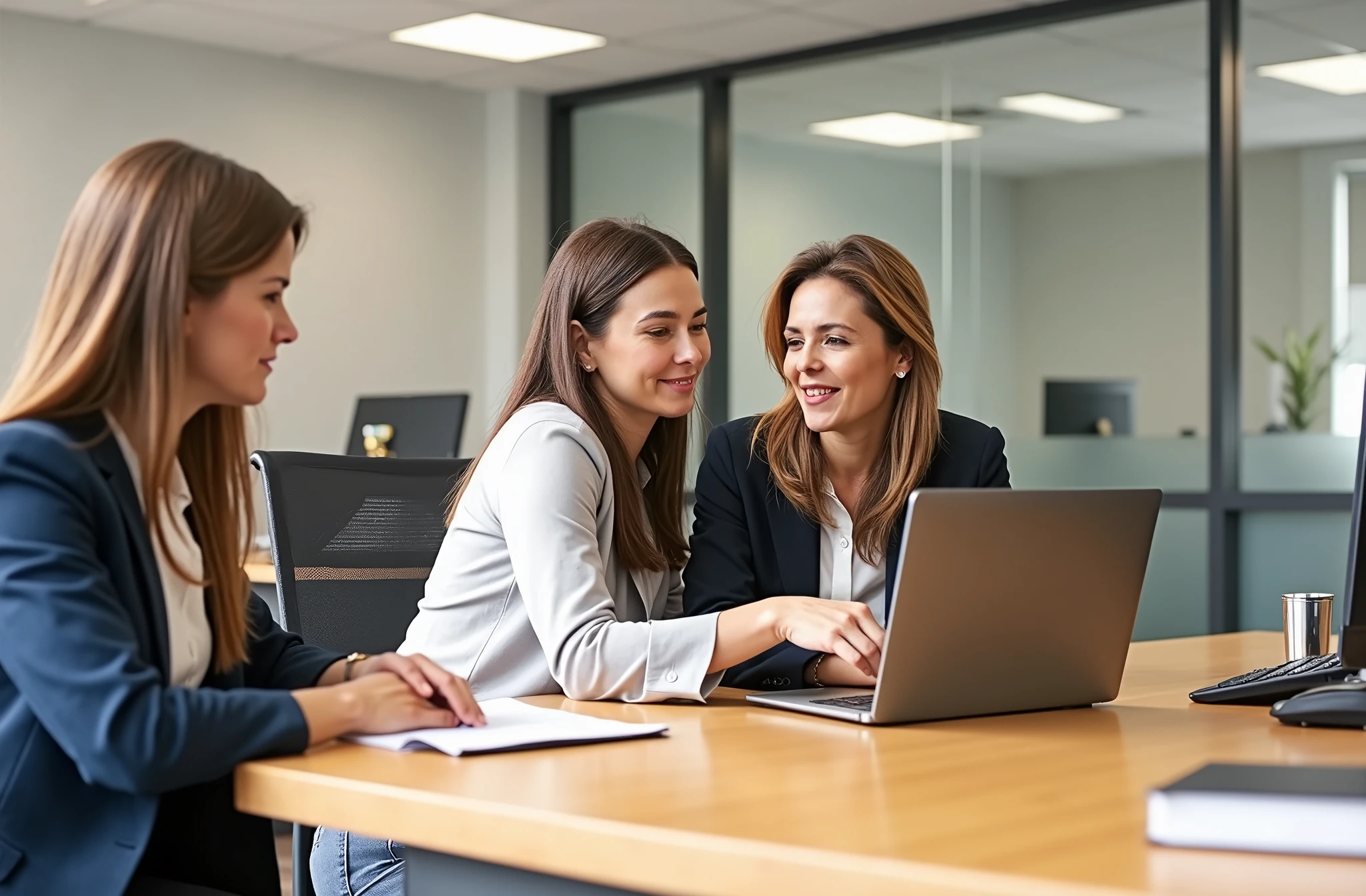 Three American female white-collar workers working in the office