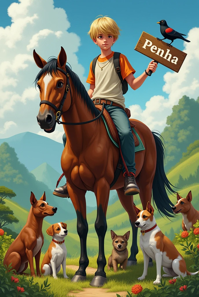 create an image of a young teenager with dark blonde hair and bangs, bowl-style hair and tall height. With several dogs and birds around him and him on top of a brown horse. Don't make the image childish. He also holds a sign saying ''PENHA''