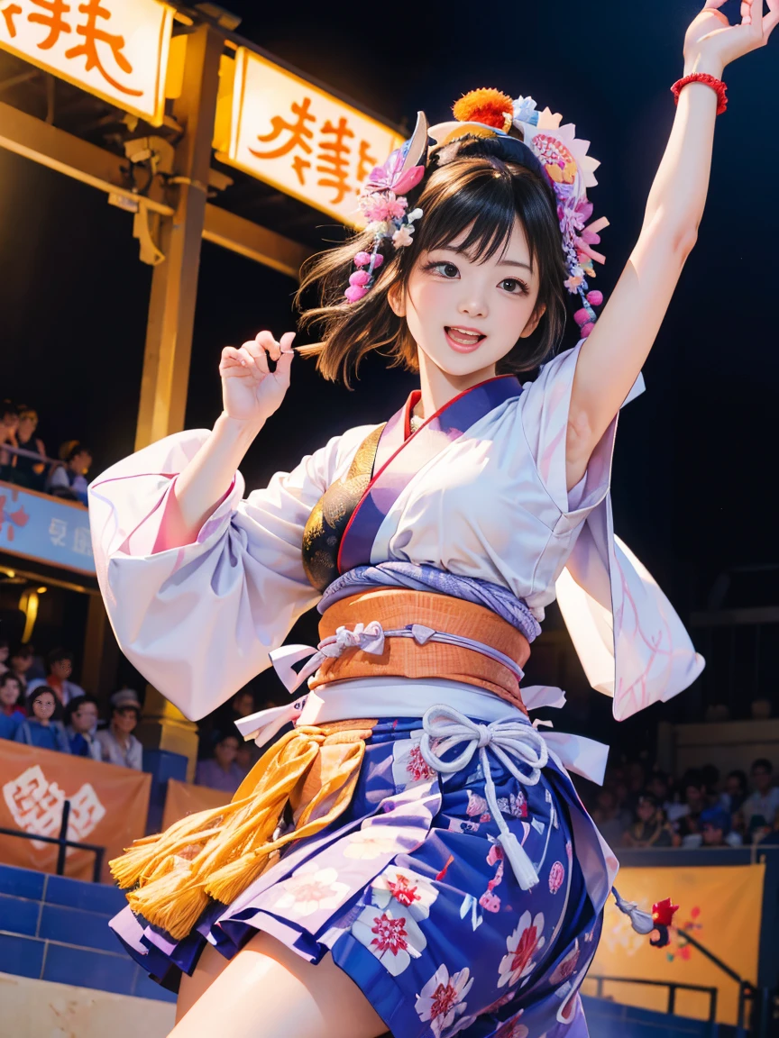 (Japan Bon Odori,最高masterpiece,Highest quality), Hot August,In the park square,They dance in a circle around a stage decorated with lanterns.,Bright vibrant anime art,People of all ages and genders dance and dance, Dancing in yukata,Laughing and dancing, Showing white teeth,Men and women dance in a circle, masterpiece,Highest quality,High resolution,