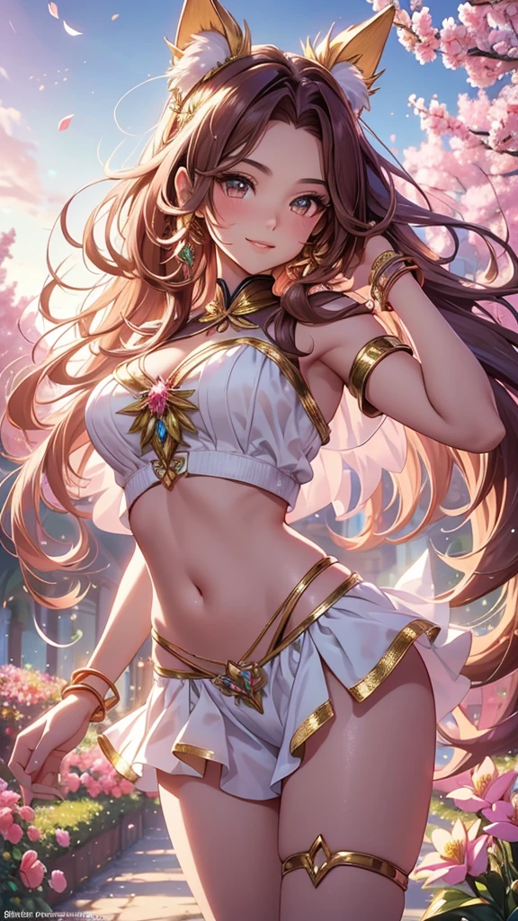 (best quality,4k,8k,highres,masterpiece:1.2),ultra-detailed,(realistic,photorealistic,photo-realistic:1.37),acrylic painting,beautiful Brazilian model in a bright pink teal outfit, with downy brown hair,beautiful Brazilian model with extremely colorful brown hair and detailed facial features,beautiful Brazilian model standing in a beautiful garden surrounded by a starry sky,beautiful Brazilian model wearing a vibrant outfit,beautiful Brazilian model with intricate accessories,cat ears, ,beautiful Brazilian model with long flowing twintails,beautiful Brazilian model with bright brown eyes and rosy lips,beautiful Brazilian model with a joyful expression,beautiful Brazilian model in a dynamic pose with cherry blossoms falling around her,beautiful Brazilian model surrounded by colorful flowers and butterflies,beautiful Brazilian model's outfit adorned with cute bows and lace details red and gold,beautiful Brazilian model with an enchanting smile,beautiful Brazilian model with soft, pastel-colored shading,beautiful Brazilian model with a magical glow illuminating her,beautiful Brazilian model in a picturesque setting with a winding path leading to a magnificent castle,beautiful Brazilian model with a fairytale-like background,beautiful Brazilian model with a soft, dreamy atmosphere,beautiful Brazilian model with a subtle bokeh effect,beautiful Brazilian model standing under a sunny sky,beautiful Brazilian model with a warm, golden sunset in the background,beautiful Brazilian model surrounded by twinkling stars and colorful nebulae,creating an ethereal and captivating artistic masterpiece,school uniform outfit, scout uniform outfit