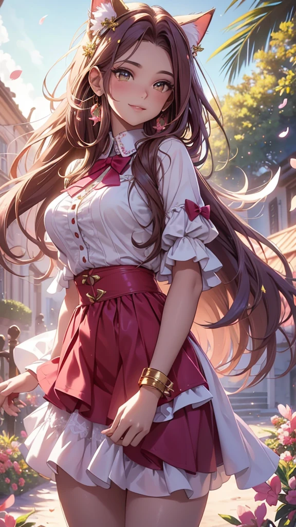 (best quality,4k,8k,highres,masterpiece:1.2),ultra-detailed,(realistic,photorealistic,photo-realistic:1.37),acrylic painting,beautiful Brazilian model in a bright pink teal outfit, with downy brown hair,beautiful Brazilian model with extremely colorful brown hair and detailed facial features,beautiful Brazilian model standing in a beautiful garden surrounded by a starry sky,beautiful Brazilian model wearing a vibrant outfit,beautiful Brazilian model with intricate accessories,cat ears, ,beautiful Brazilian model with long flowing twintails,beautiful Brazilian model with bright brown eyes and rosy lips,beautiful Brazilian model with a joyful expression,beautiful Brazilian model in a dynamic pose with cherry blossoms falling around her,beautiful Brazilian model surrounded by colorful flowers and butterflies,beautiful Brazilian model's outfit adorned with cute bows and lace details red and gold,beautiful Brazilian model with an enchanting smile,beautiful Brazilian model with soft, pastel-colored shading,beautiful Brazilian model with a magical glow illuminating her,beautiful Brazilian model in a picturesque setting with a winding path leading to a magnificent castle,beautiful Brazilian model with a fairytale-like background,beautiful Brazilian model with a soft, dreamy atmosphere,beautiful Brazilian model with a subtle bokeh effect,beautiful Brazilian model standing under a sunny sky,beautiful Brazilian model with a warm, golden sunset in the background,beautiful Brazilian model surrounded by twinkling stars and colorful nebulae,creating an ethereal and captivating artistic masterpiece,school uniform outfit, scout uniform outfit