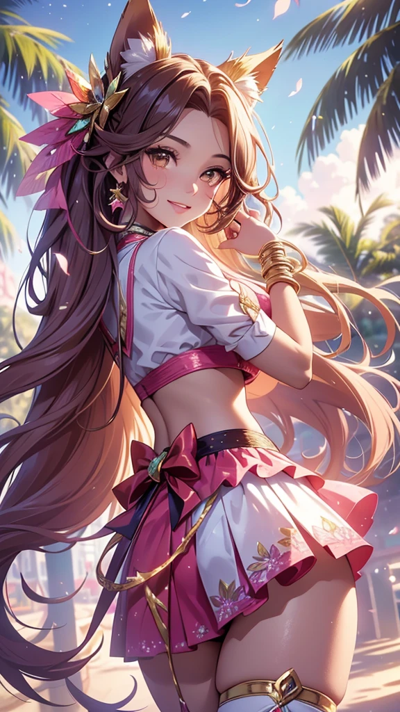 Maria is a natural brunette who has long curly hair. She also has brown skin and freckles. . Her usual outfit is consisted of two golden earrings, red lipstick, lime green top, pink skirt and red heels. SPARKLE; GLITTER