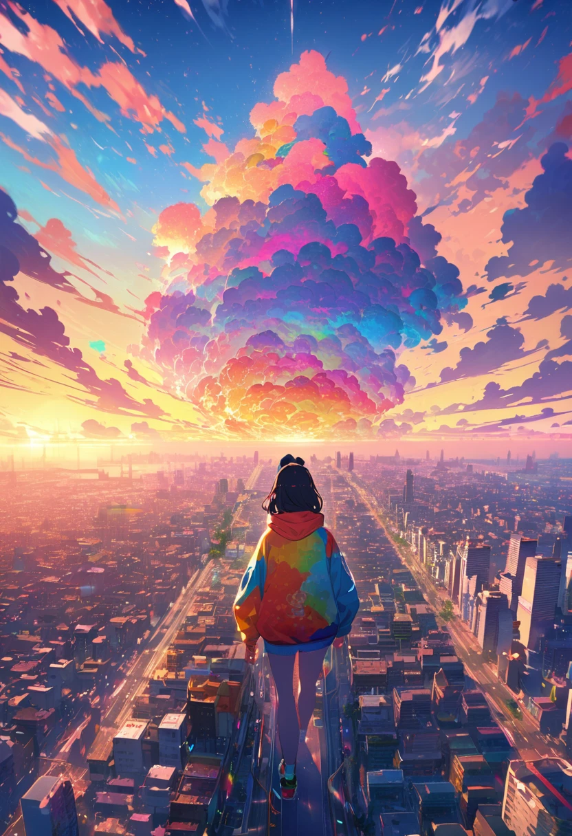 angelic, detailed woman who is walking, woman wearing hoodie, highest billding in city, road, sunrise, horizon, skyline, in the sky, city of clouds, colorful, high-res, 8K