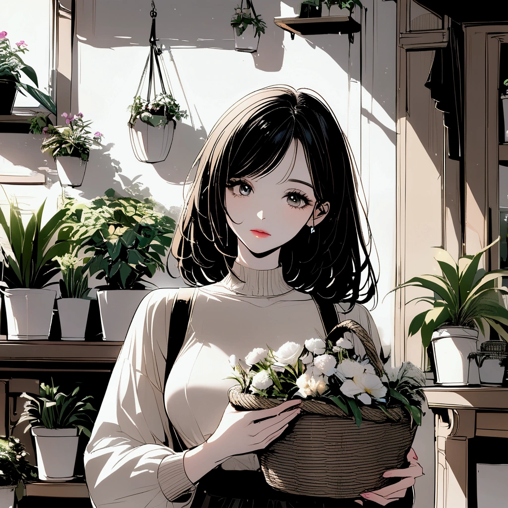 A woman in a flat-colored casual outfit, holding a basket with flowers in her hand. Chic, soft atmosphere. Soft light. Many potted plants and plants in the background.