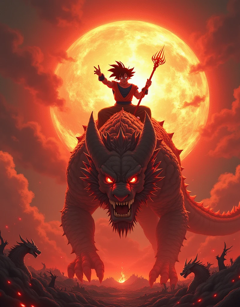 Goku rides on the head of a huge armored dragon,Goku focus,holding his golden staff in one hand,pointing forward to attack,fine details,Goku's fire-breathing eyes,intense scenes,behind him,stands the Sun God,all red flames,forming a strong contrast between light and dark. The background features dark clouds and smoke with clear detail,the background features monsters and demons that appear in hell with smoke rising from underneath them,strong contrast between light and dark,high resolution,rich detail,high quality,with the style of Chinese mythology,seeing through the whole body,fine detail and high resolution,high quality,the best quality,high resolution,extremely detailed CG,Perfect lighting,8k wallpaper,