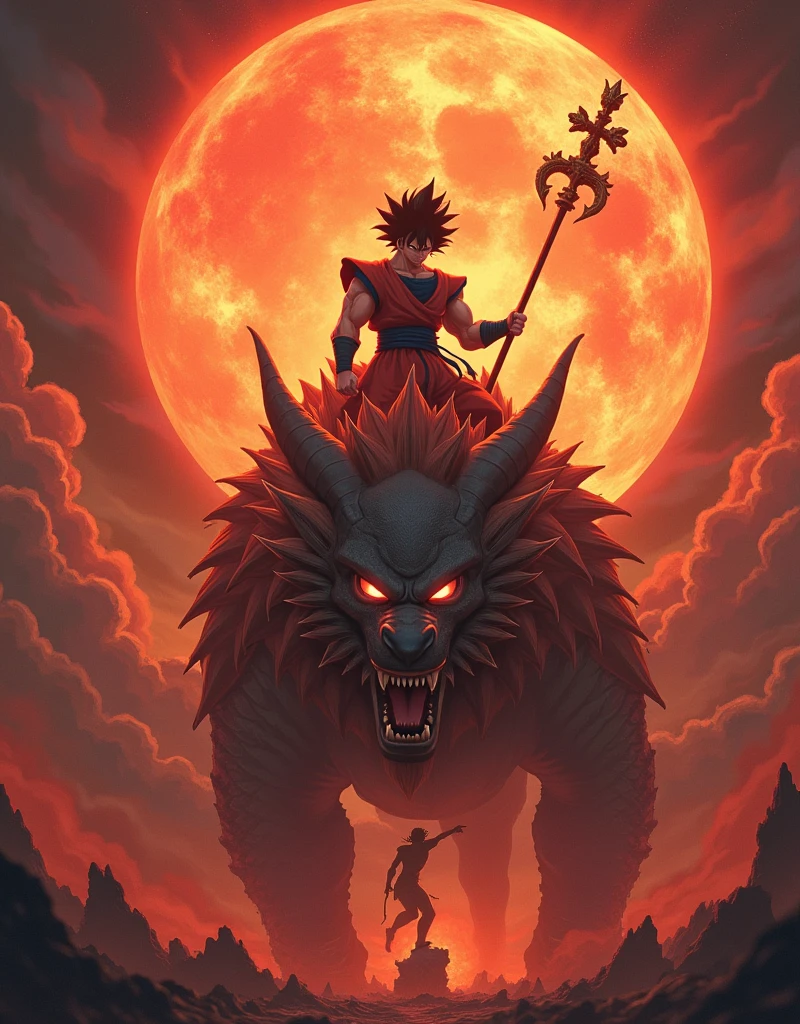 Goku rides on the head of a huge armored dragon,Goku focus,holding his golden staff in one hand,pointing forward to attack,fine details,Goku's fire-breathing eyes,intense scenes,behind him,stands the Sun God,all red flames,forming a strong contrast between light and dark. The background features dark clouds and smoke with clear detail,the background features monsters and demons that appear in hell with smoke rising from underneath them,strong contrast between light and dark,high resolution,rich detail,high quality,with the style of Chinese mythology,seeing through the whole body,fine detail and high resolution,high quality,the best quality,high resolution,extremely detailed CG,Perfect lighting,8k wallpaper,