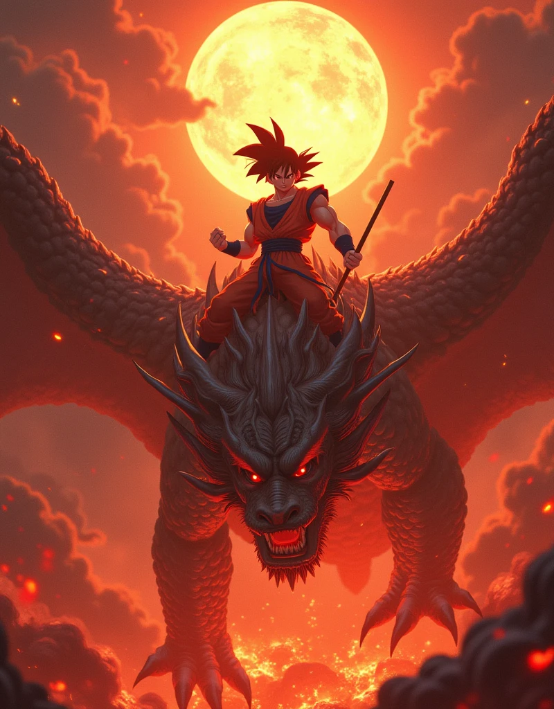 Goku rides on the head of a huge armored dragon,Goku focus,holding his golden staff in one hand,pointing forward to attack,fine details,Goku's fire-breathing eyes,intense scenes,behind him,stands the Sun God,all red flames,forming a strong contrast between light and dark. The background features dark clouds and smoke with clear detail,the background features monsters and demons that appear in hell with smoke rising from underneath them,strong contrast between light and dark,high resolution,rich detail,high quality,with the style of Chinese mythology,seeing through the whole body,fine detail and high resolution,high quality,the best quality,high resolution,extremely detailed CG,Perfect lighting,8k wallpaper,
