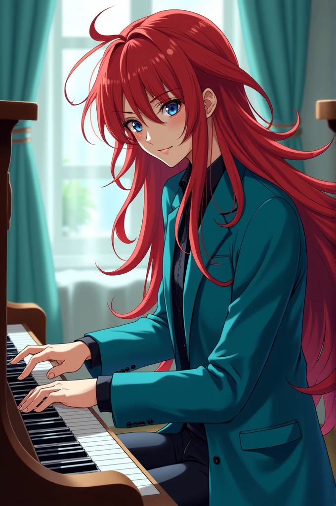 ((best quality)), ((masterpiece)), (detailed) Anime handsome adult with long red hair and blue turquoise, playing the piano
