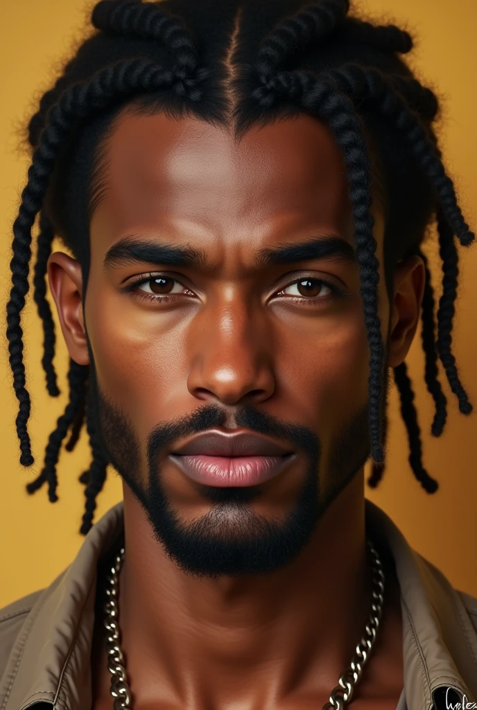 Man with bold face braid, well defined nose, full and defined lips, light, warm brown skin tone and coal black hair 
