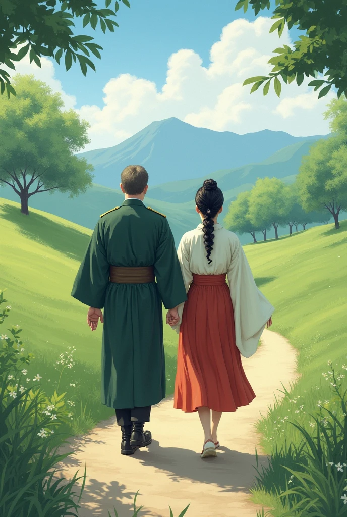 Japanese general with his 20-year-old daughter walking in the countryside